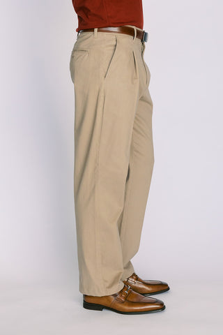 Khaki Pleated Straight Stretch Chino Pant