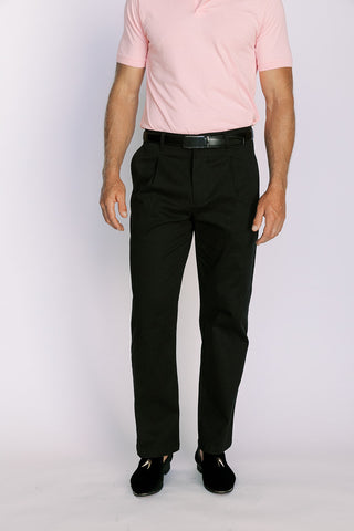 Black Pleated Straight Stretch Chino Pant