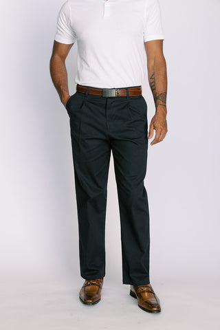 Navy Pleated Straight Stretch Chino Pant